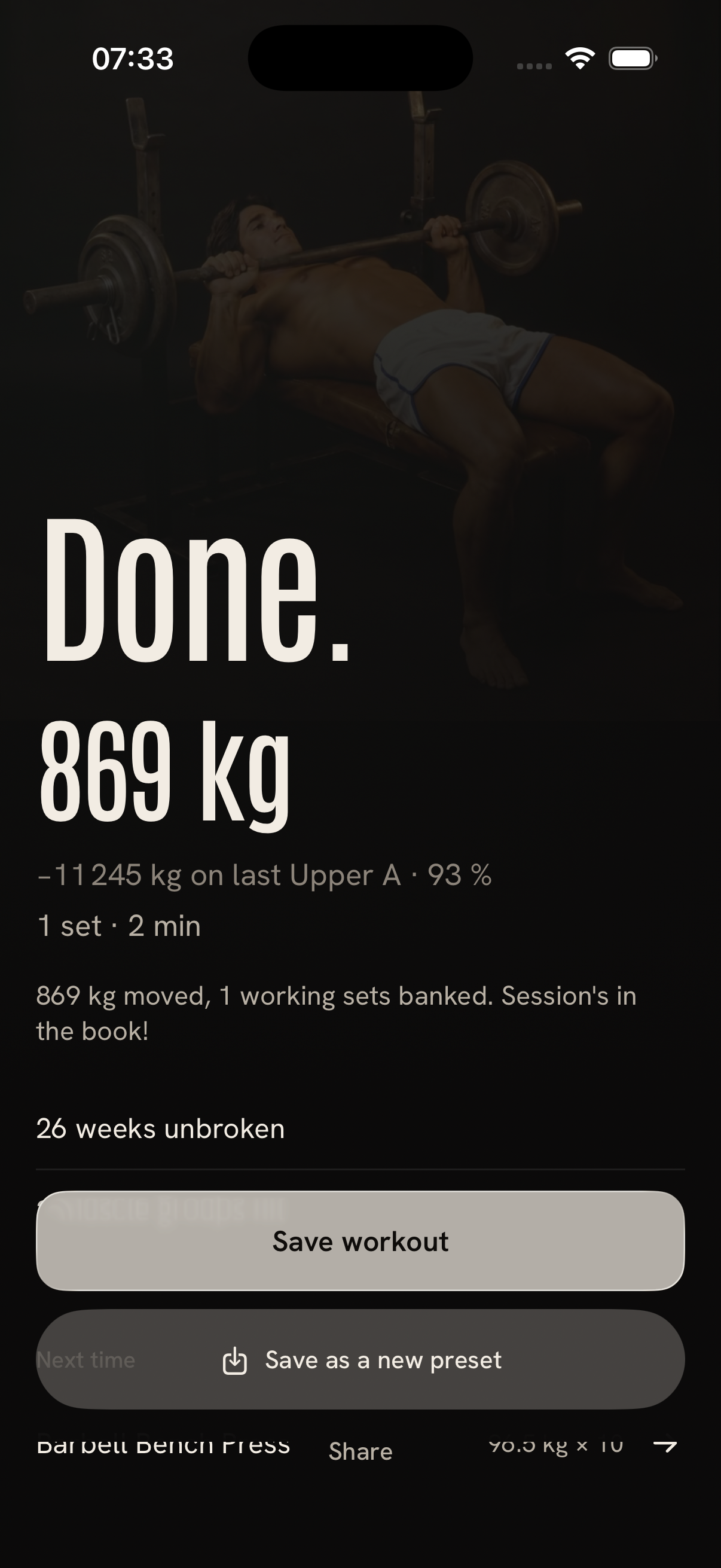 Setz workout recap showing completed volume, comparison, and the next progression target
